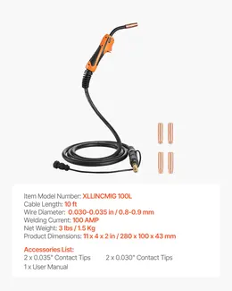 100A MIG Welding Gun With 10FT Cable, Replacement For Lincoln Magnum 100L (K530-6) - With 5PCS Mig Welding Contact Tips