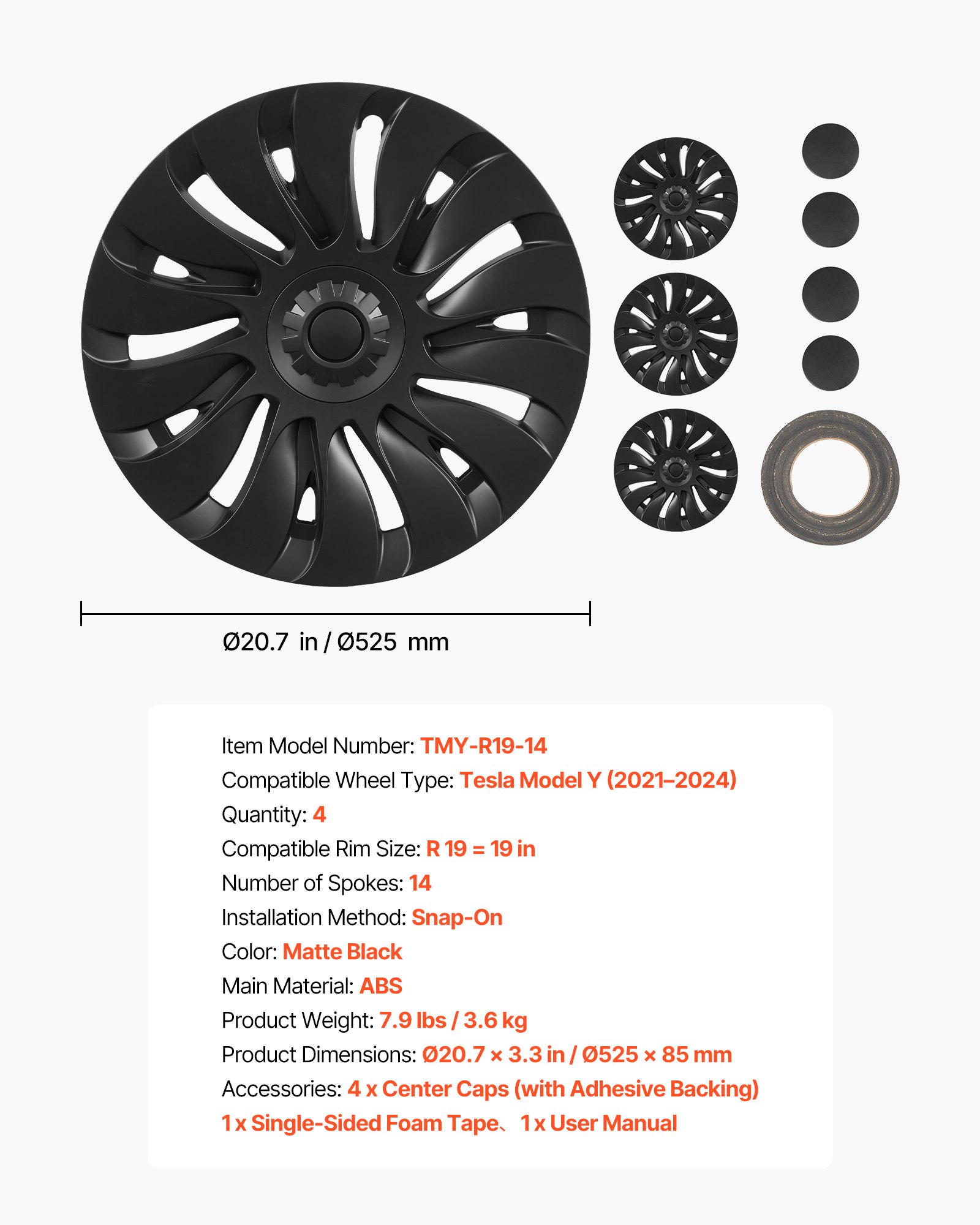 Hubcaps Wheel Covers For 2021-2024 Tesla Model Y, 19 Inch Set Of 4 Wheel Rim Cover Hubcaps OEM Style Replacement, R19 Size Snap On Car Hub Caps, Premium 14-Spoke ABS Tire Rim Caps, Matte Black