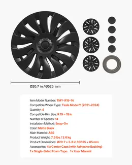 Hubcaps Wheel Covers For 2021-2024 Tesla Model Y, 19 Inch Set Of 4 Wheel Rim Cover Hubcaps OEM Style Replacement, R19 Size Snap On Car Hub Caps, Premium 14-Spoke ABS Tire Rim Caps, Matte Black