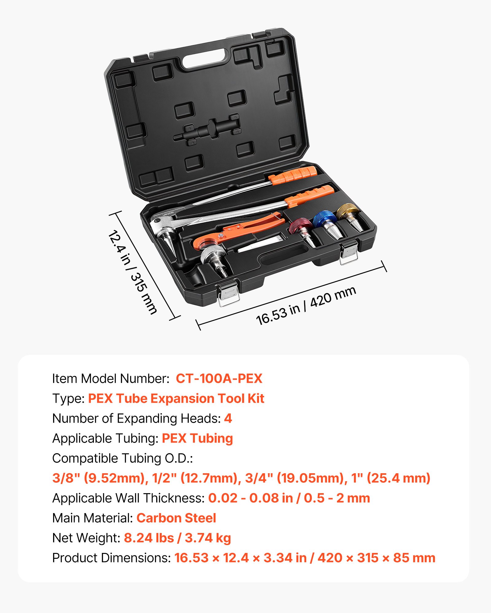 PEX Pipe Expander Tool Kit, Manual Tubing Expansion Tool For 3/8", 1/2", 3/4", 1" PEX Pipes - With 4 Expanding Heads, Pipe Cutter & Carrying Case For Radiant Heating & Water Plumbing System