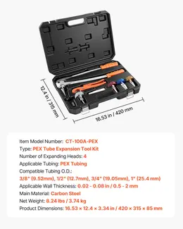 PEX Pipe Expander Tool Kit, Manual Tubing Expansion Tool For 3/8", 1/2", 3/4", 1" PEX Pipes - With 4 Expanding Heads, Pipe Cutter & Carrying Case For Radiant Heating & Water Plumbing System