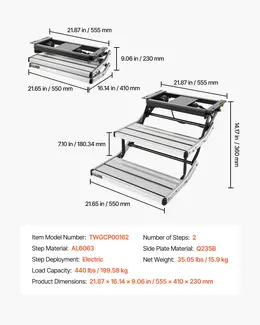 Electric Retractable 2-Step RV Stairs, 440 Lbs Capacity, Aluminum/Steel Frame