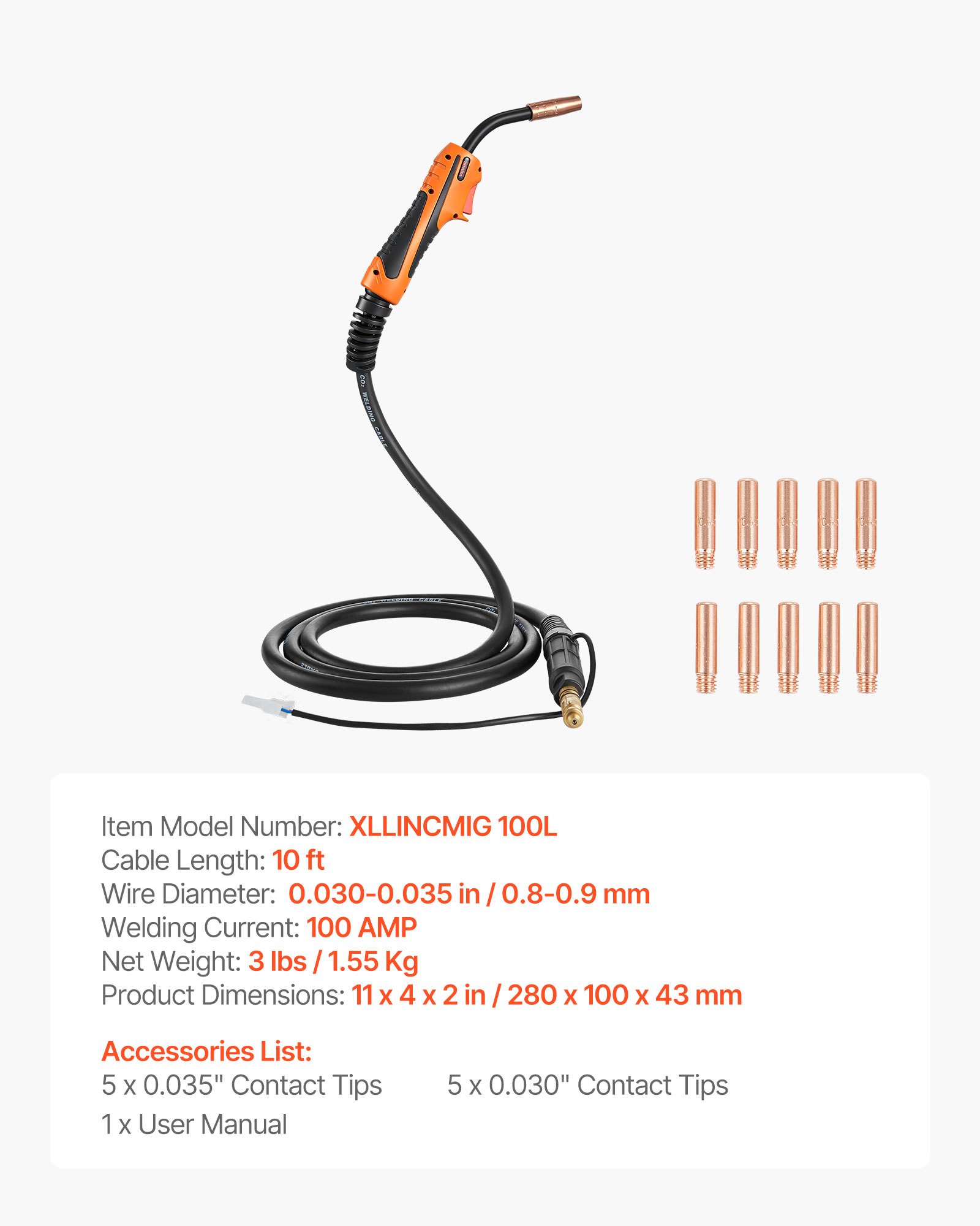 100A MIG Welding Gun With 10FT Cable, Replacement For Lincoln Magnum 100L (K530-5) - With 11PCS Mig Welding Contact Tips