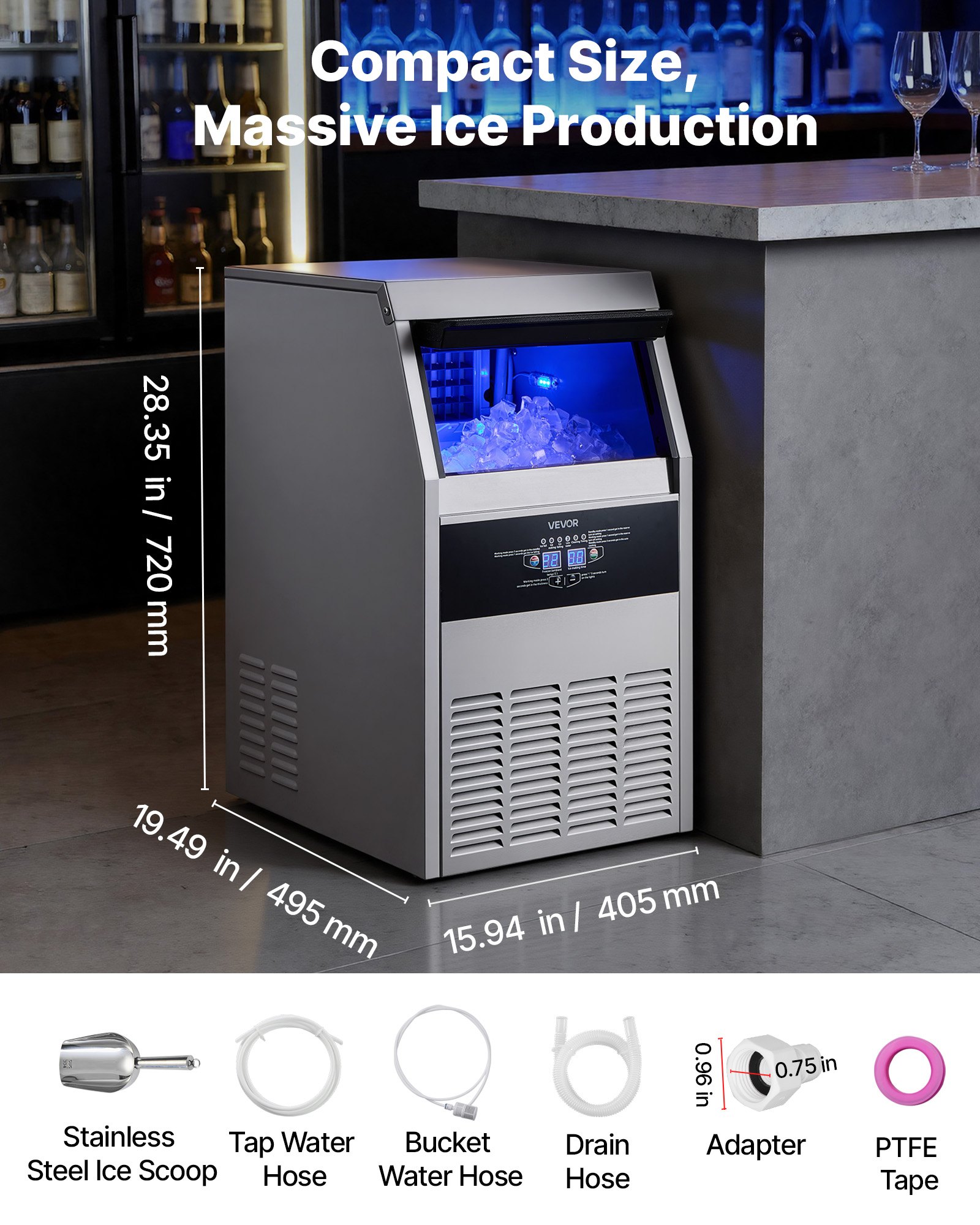 Commercial Ice Maker Machine, 150 Lbs/24h With 30 Lbs Storage Capacity, Built-in/Freestanding/Under Counter, Stainless Steel Ice Maker With LED Display & Self-Cleaning, For Home Bar Restaurant