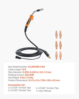 250A MIG Welding Gun, 15 ft Cable, for Lincoln Magnum Pro 250L, with 7 Contact Tips