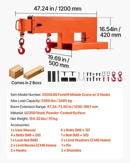 Forklift Jib Boom Crane, 5500 Lbs, Manual Telescopic 47.2-73.5 In