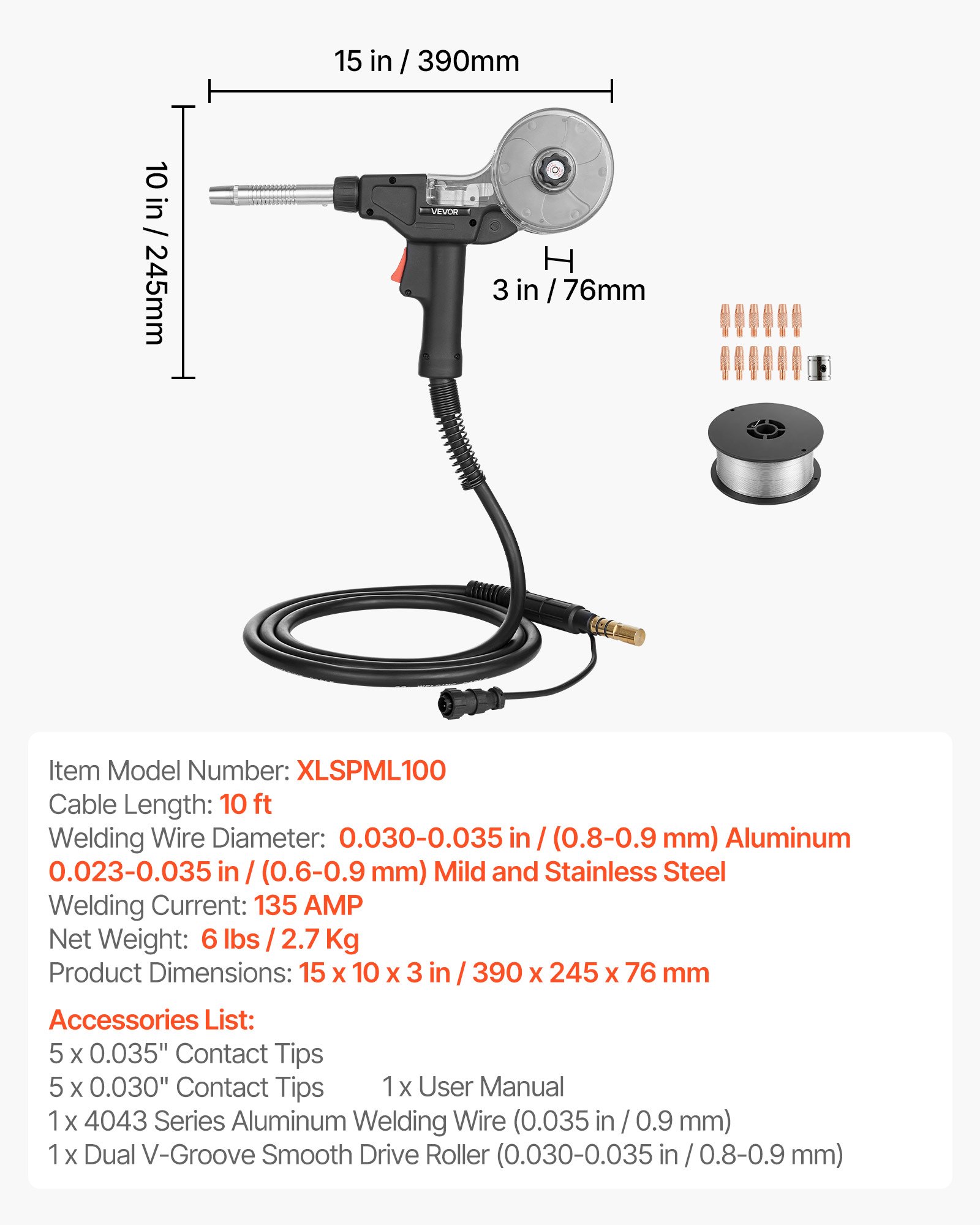 135Amp Spool Gun With 10FT Cable, Replacement For Miller Spoolmate 100 - With 11PCS Mig Welding Contact Tips & ER4043 0.035" Aluminum Mig Welding Wire