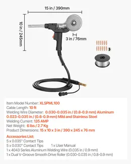 135A Spool Gun, 10ft Cable, for Miller Spoolmate 100, 11 Tips, ER4043 0.035" Wire