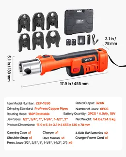 18V Electric ProPress Tool, 32KN, for 1/2" to 2" Copper Pipe, 6 VUS Jaws