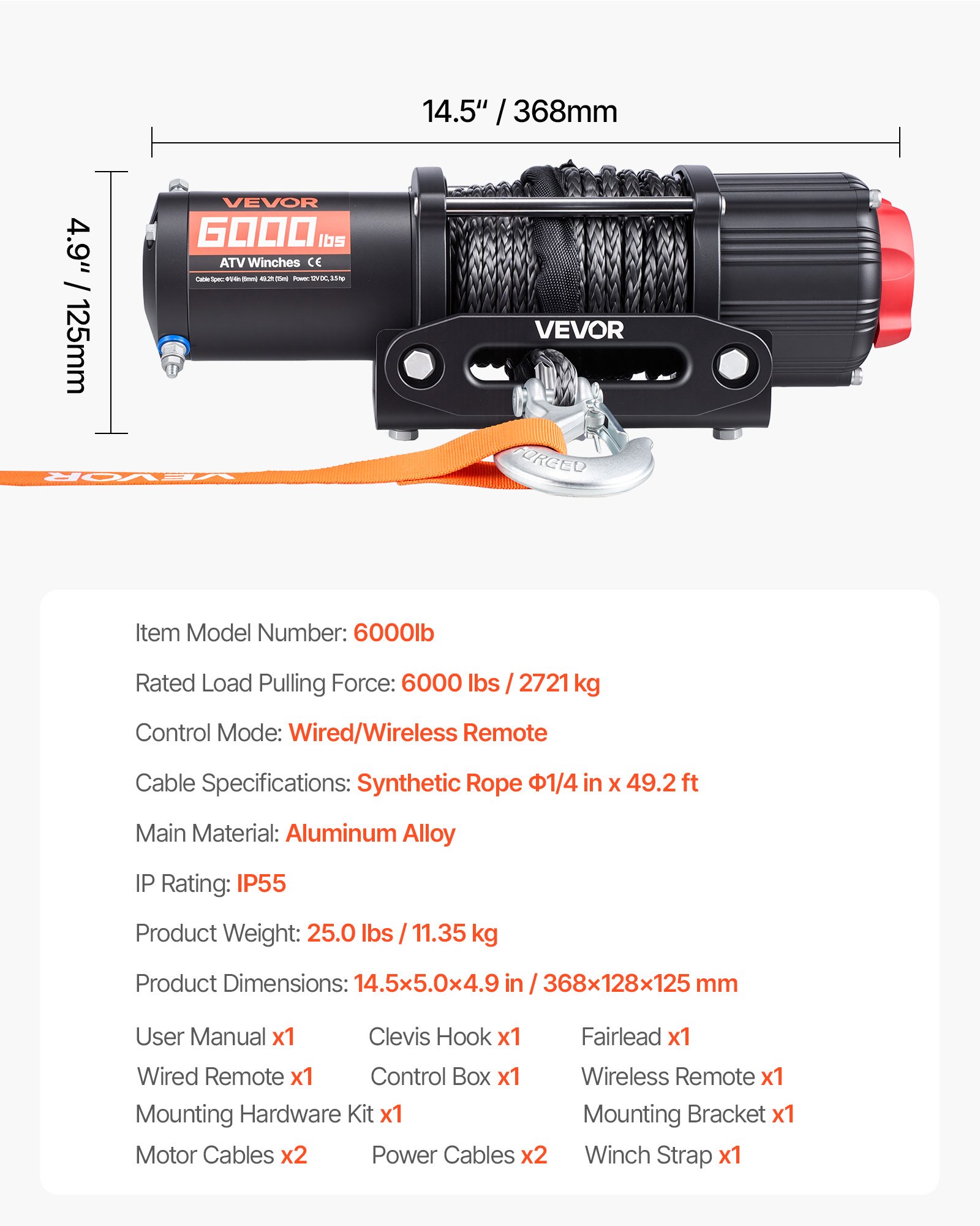 6000 Lbs Electric Winch, 12V DC ATV/UTV Winch With Φ0.24 In X 49.2 Ft Synthetic Rope, Wireless & Wired Remote Control, IP55 Waterproof, With Fairlead Mount Plate For Towing ATV UTV Off-Road