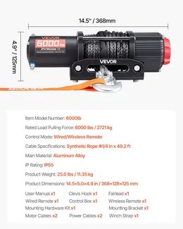 6000 Lbs 12V DC Electric Winch, 0.24 In x 49.2 Ft Synthetic Rope, IP55, ATV/UTV