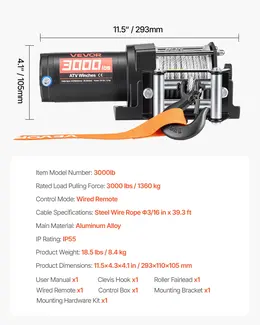 3000 Lbs Electric Winch, 12V DC ATV/UTV Winch With Φ3/16 In X 39.4 Ft Steel Wire Rope & Wired Remote Control, IP55 Waterproof, Aluminum Housing Fairlead Mount Plate For Towing ATV, Black