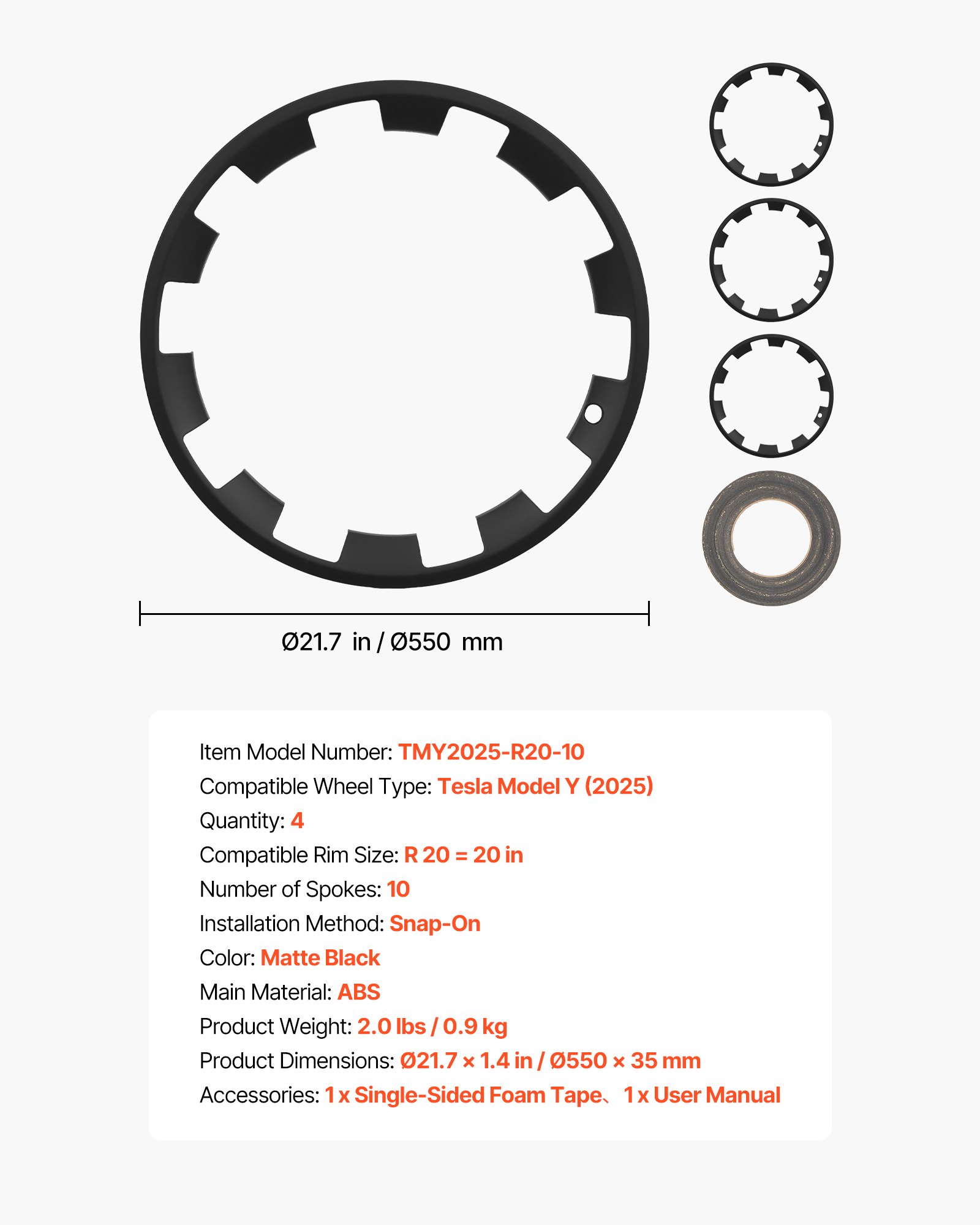 Hubcaps Wheel Covers For 2025 Tesla Model Y, 20 Inch Set Of 4 Wheel Rim Cover Hubcaps OEM Style Replacement, R20 Size Snap On Car Hub Caps, Premium Sturdy 10-Spoke ABS Tire Rim Caps, Matte Black