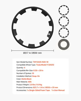 Hubcaps Wheel Covers For 2025 Tesla Model Y, 20 Inch Set Of 4 Wheel Rim Cover Hubcaps OEM Style Replacement, R20 Size Snap On Car Hub Caps, Premium Sturdy 10-Spoke ABS Tire Rim Caps, Matte Black