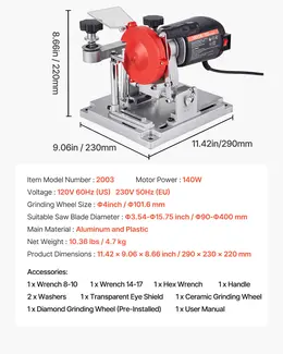 Circular Saw Blade Sharpener, 140W 3800RPM Electric Saw Blade Sharpening Machine With 4" Ceramic & Diamond Grinding Wheels - Fits 3.5" To 15.7" Diameter Circular Saw Blades
