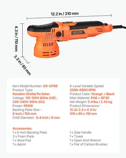 Car Buffer Polisher, 6-Inch Dual Action Polisher Buffer Waxer, 650W 6 Variable Speeds 2000-6800RPM Random Orbital Polisher Kit For Cars Detailing, Waxing, Polishing