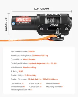 3500 Lbs Electric Winch, 12V DC ATV/UTV Winch With Φ0.21 In X 32.8 Ft Synthetic Rope & Wired Remote Control, IP55 Waterproof, Aluminum Housing Fairlead Mount Plate For Towing ATV, Black