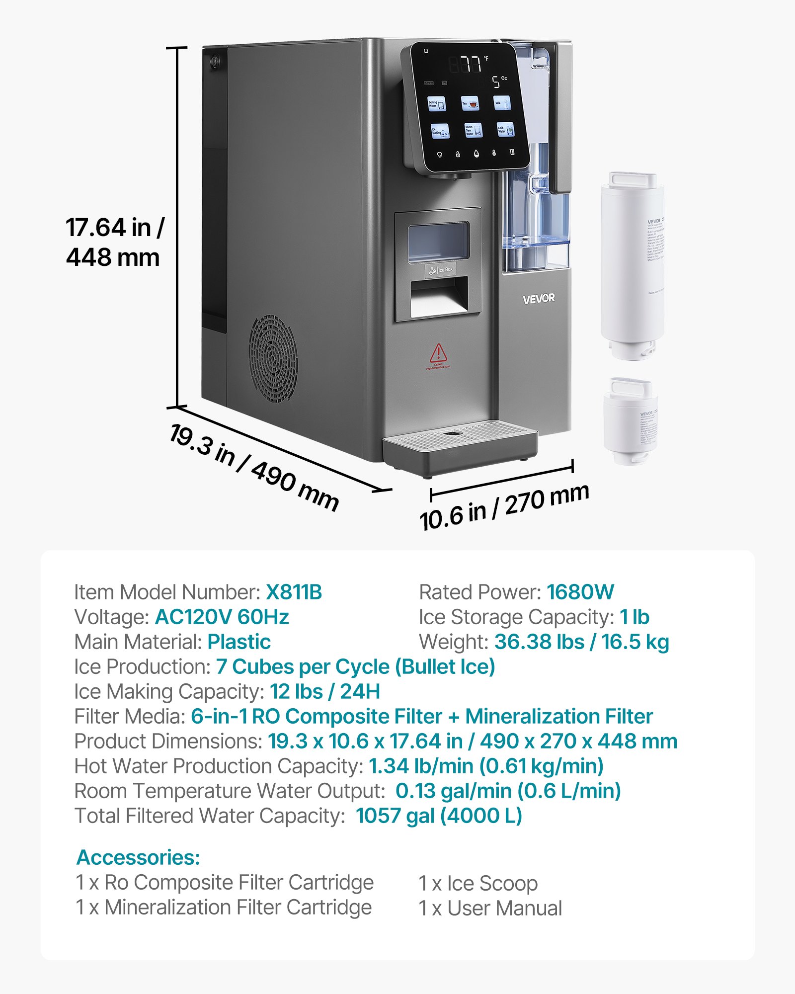 Ice Maker Water Filter Dispenser, 4-in-1 Countertop Ice Making Machine With Room Temperature, Hot & Cold Water, 6-Stage RO Filter + Mineralization Filter, Multi-Functional For Home Office Party