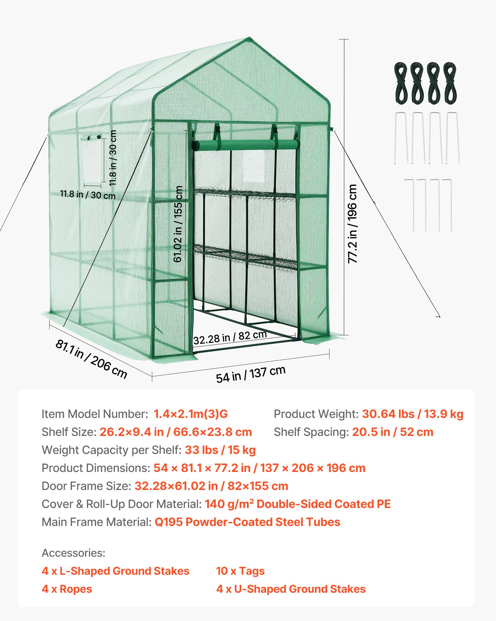 Walk-in Green House, 54 X 81.1 X 77.2 In, Greenhouse With Shelves, High Strength PE Cover With Zipper Door And Steel Frame, Assembly In Minutes, Suitable For Planting And Storage