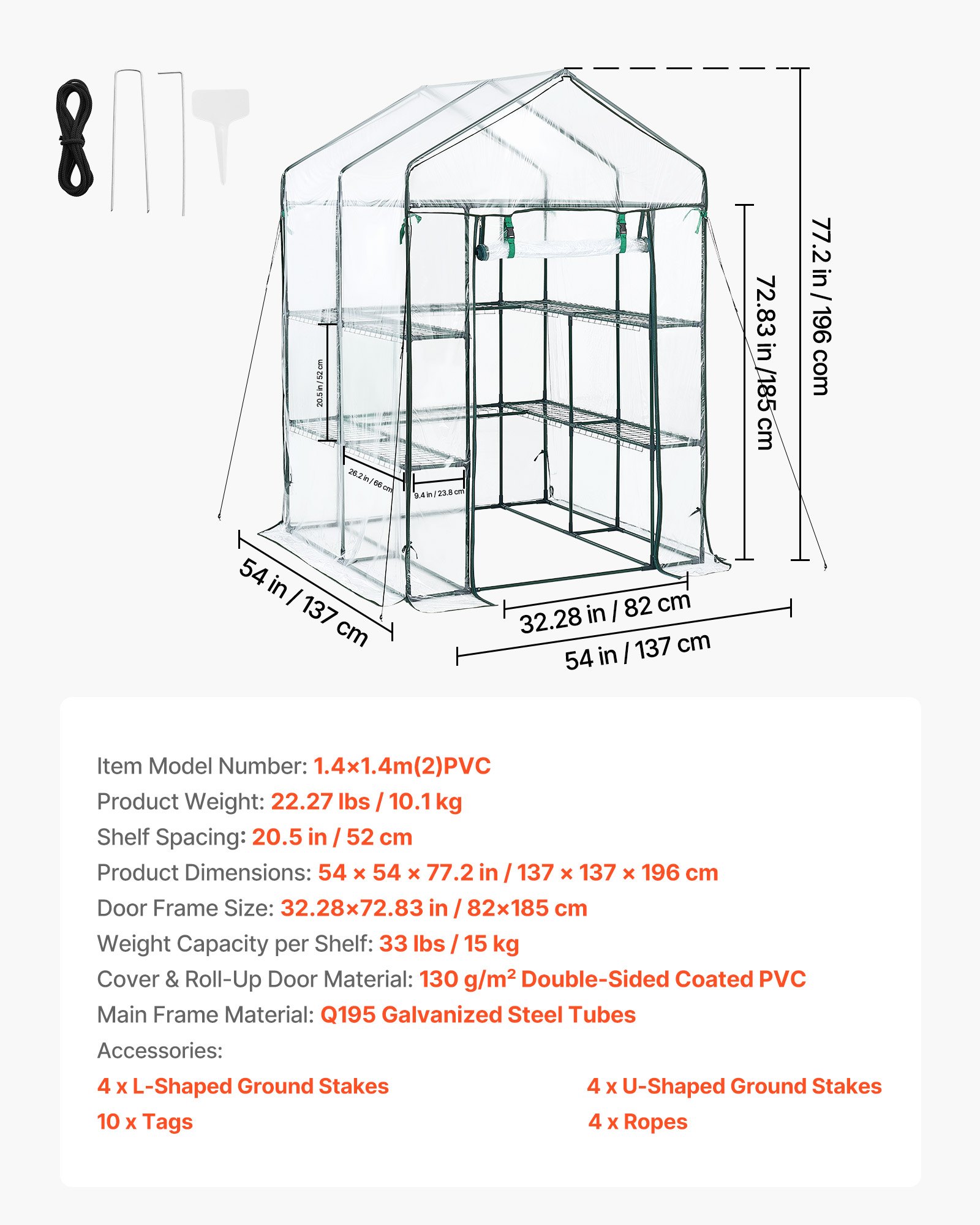 Walk-in Green House, 54 X 54 X 77.2 In, Greenhouse With Shelves, High Strength PE Cover With Zipper Door And Steel Frame, Assembly In Minutes, Suitable For Planting And Storage