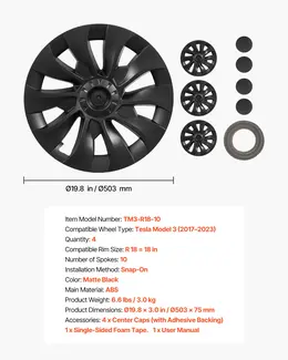 Hubcaps Wheel Covers For 2017-2023 Tesla Model 3, 18 Inch Set Of 4 Wheel Rim Cover Hubcaps OEM Style Replacement, R18 Size Snap On Car Hub Caps, Premium 10-Spoke ABS Tire Rim Caps, Matte Black