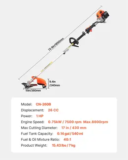 String Trimmer, 26cc 2 In 1 Weed Wacker Gas Powered, 17" Cordless Grass Trimmer With 10" Brush Cutter, Shoulder Strap & 3T Blade, 2-Stroke Heavy-Duty Gas Weed Wacker For Quick Grass Cleaning
