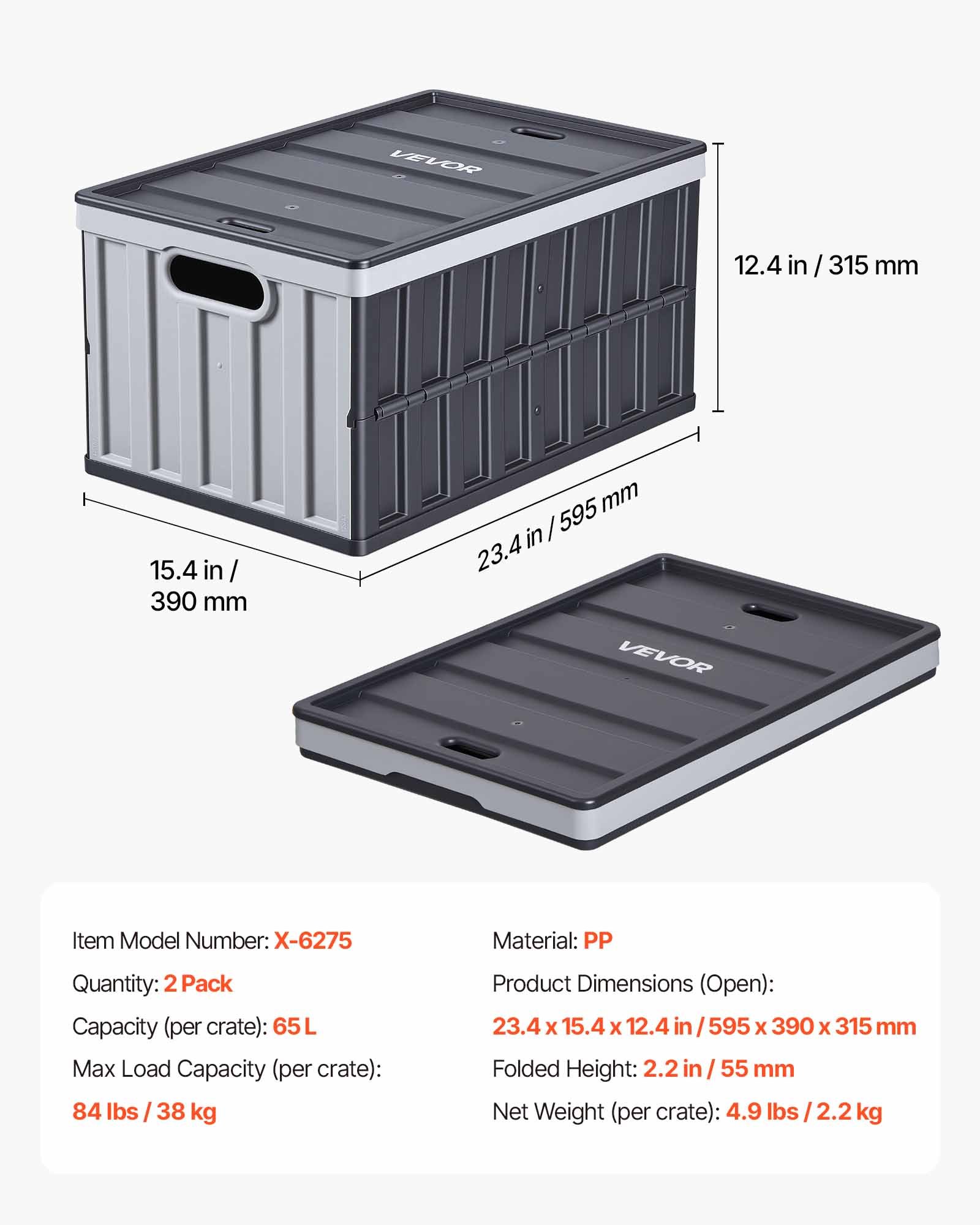 Plastic Collapsible Storage Bins With Lids, 65L 2 Packs, Stackable Folding Storage Crates With Handles, Holds 84 Lbs Per Bin, Heavy Duty Containers, Space-Saving Baskets, For Home Organizing