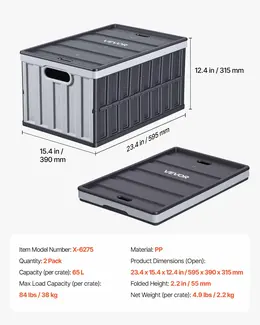 Plastic Collapsible Storage Bins With Lids, 65L 2 Packs, Stackable Folding Storage Crates With Handles, Holds 84 Lbs Per Bin, Heavy Duty Containers, Space-Saving Baskets, For Home Organizing