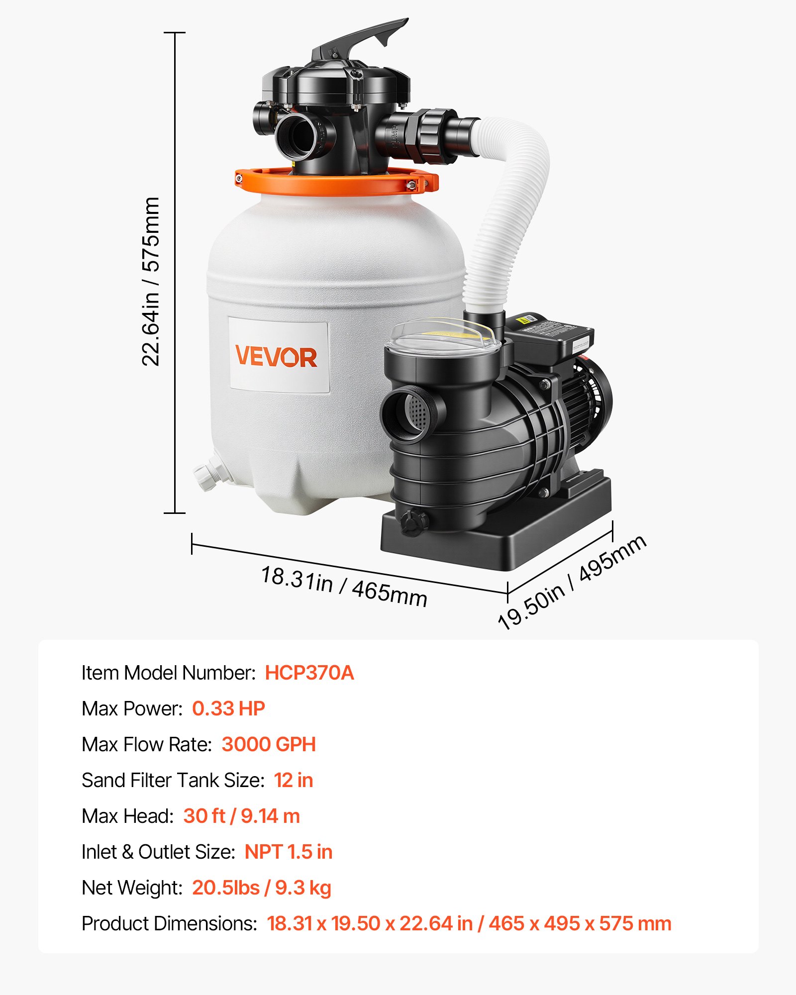 12 In Sand Filter Pump For Above Ground Pool, 0.33 HP 3000 GPH, Swimming Pool Sand Filter Pump With Pre-Assembled Core & Leak-Resistant Design, 6-Way Valve, High-Efficiency Filtration For Pools