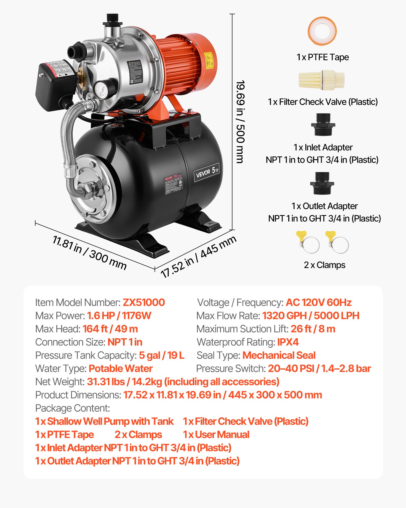 1.6 HP Shallow Well Pump With Pressure Tank, 120V 1320 GPH, Stainless Steel Irrigation Jet Pump With 5-Gal Pressure Tank, Automatic Water Booster System, For Home Garden Lawn, Potable Water