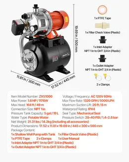1.6 HP Stainless Steel Shallow Well Jet Pump, 120V 1320 GPH, 5-Gal Tank
