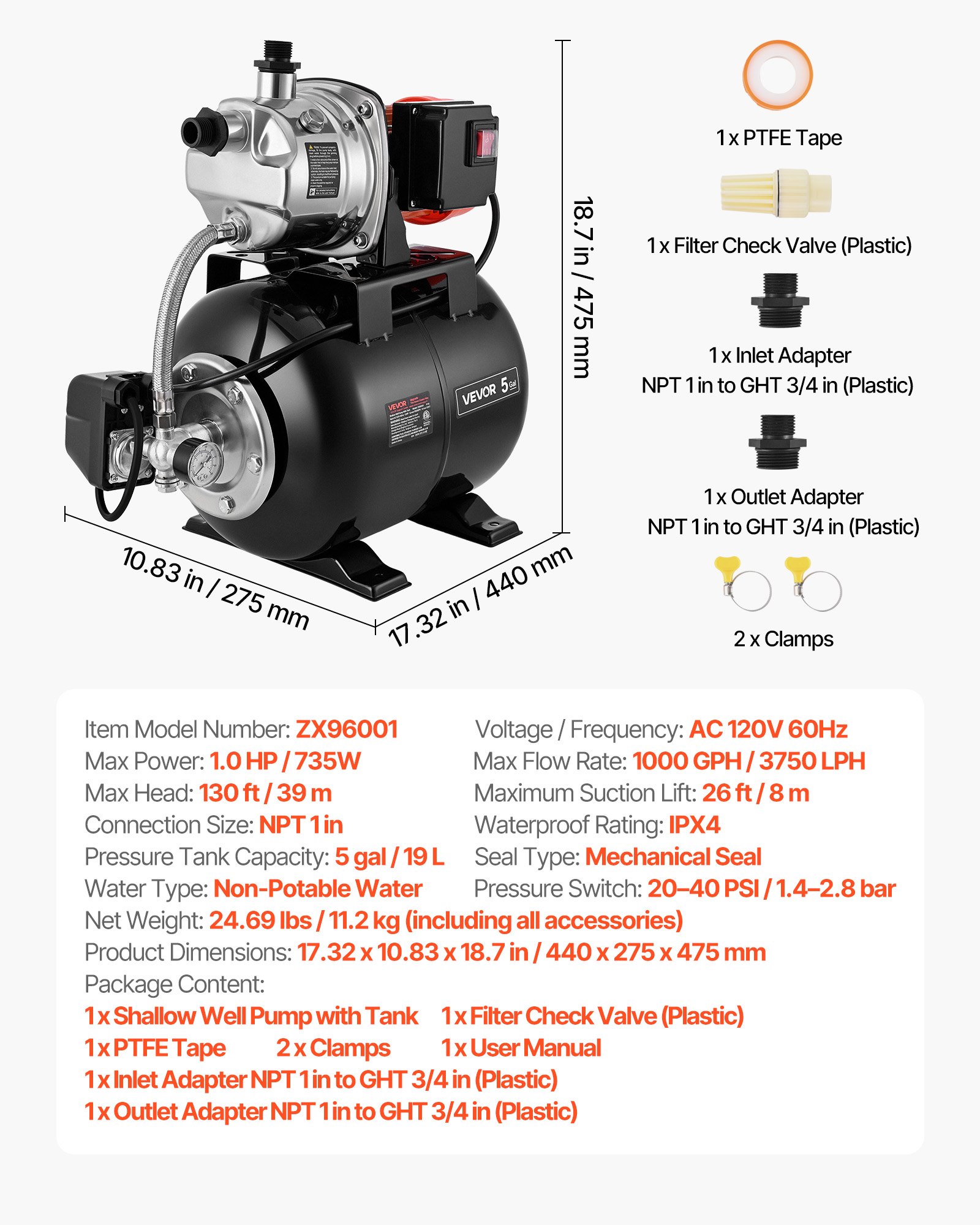 Main product image of 1 HP Shallow Well Jet Pump, 120V, 1000 GPH, Stainless Steel, 5-Gal Tank, 20/40 PSI