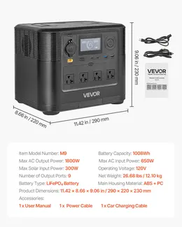 1800W 1008Wh LiFePO4 Portable Power Station, 9 Output Ports