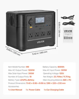 1200W Portable Power Station, 806Wh LiFePO4, 10 Output Ports