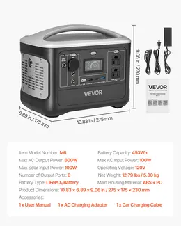 600W Portable Power Station, 493Wh LiFePO4 Battery, 8 Ports