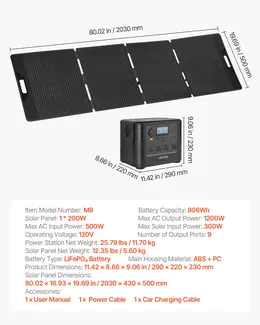 1200W Power Station with 806Wh LiFePO4 Battery and 9 Outputs, includes 200W Solar Panel