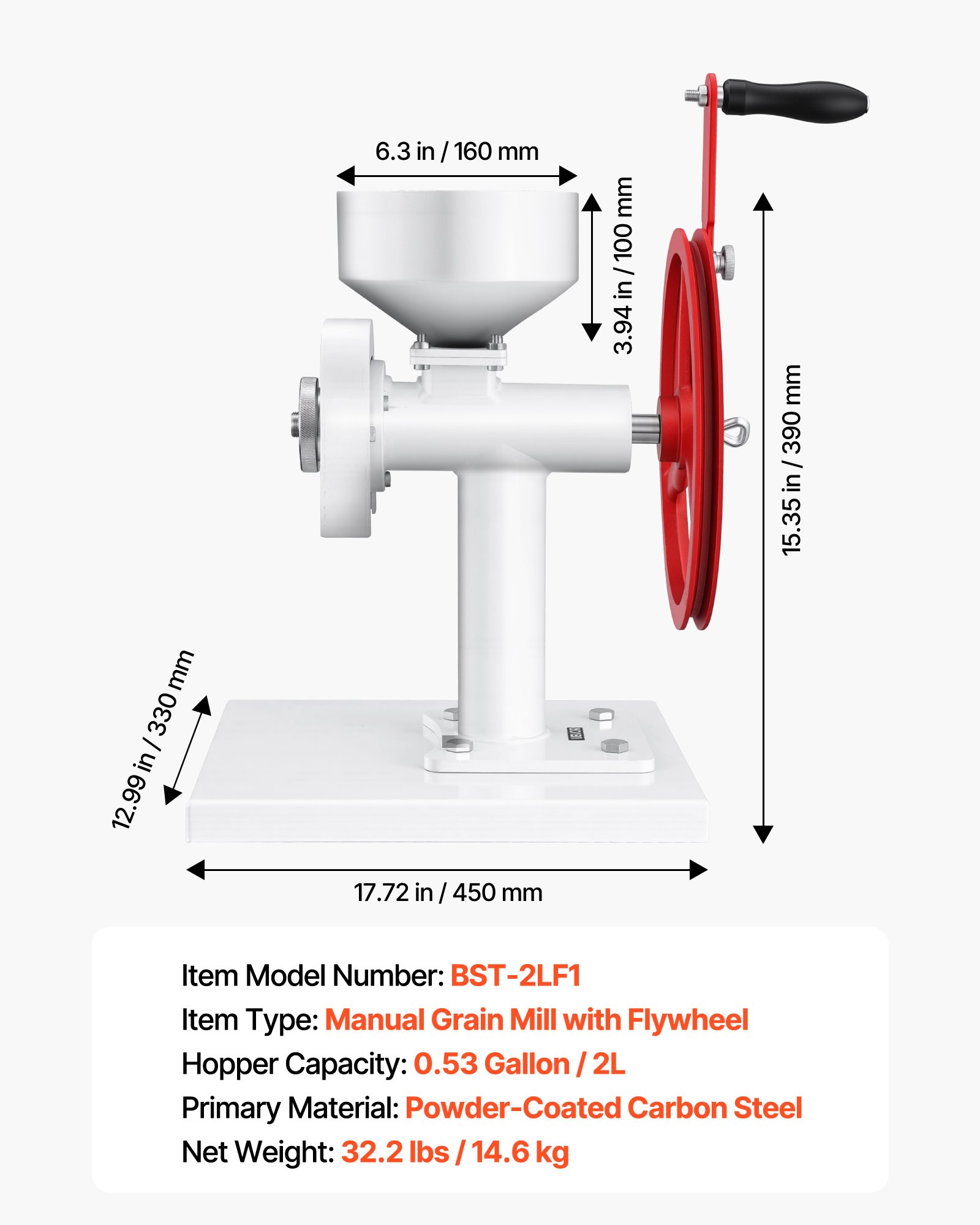 Manual Grain Mill With Flywheel, Hand-Crank Corn Grinder, Heavy-Duty Carbon Steel Wheat Grinding Mill With Adjustable Fineness & 0.53 Gallon Hopper For Grains Spices Coffee Beans Nuts