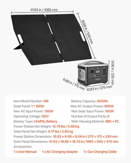 Portable Power Station, 600W, 493Wh LiFePO4, 8-Port, with 100W Solar Panel