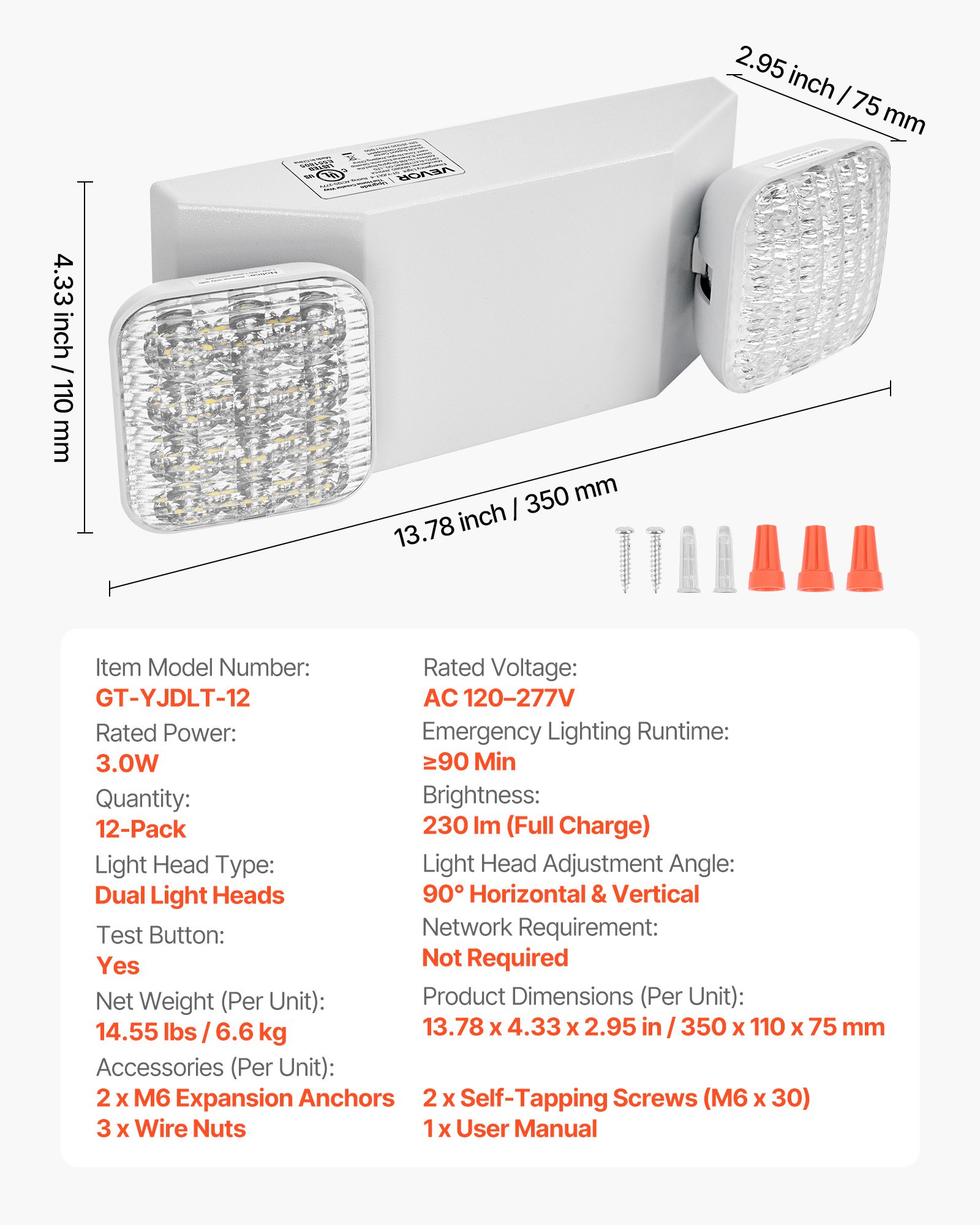 12 Pack Emergency Lights For Business, With Battery Backup, Commercial LED Emergency Exit Lighting Fixtures, AC 120/277V, With Two Square Head Adjustable, 90-Minute Backup, For Business, White
