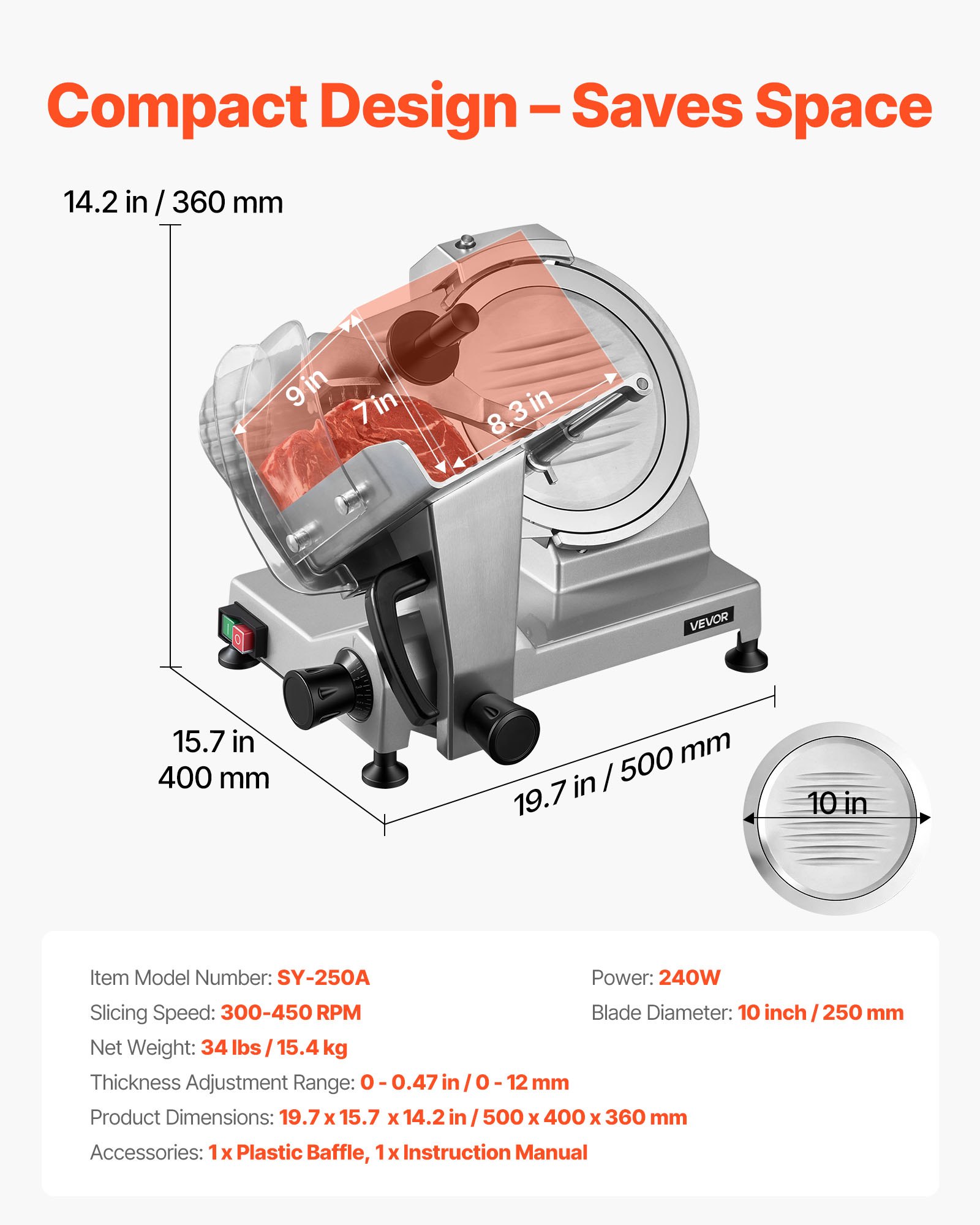 10" Commercial Meat Slicer, 240W Electric Deli Food Slicer With Carbon Steel Blade, Built-In Sharpener & 0-0.47" Adjustable Thickness For Frozen Meat, Ham, Baguett, Steak, UL Approved