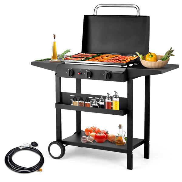 3-Burner Flat Top Gas Griddle Cooking Station With Ceramic Coated Cast Iron Pan, 30,000 BTU Propane Fuelled Griddle Station With Side Shelves & Spice Rack For Outdoor Barbecue  Cookout