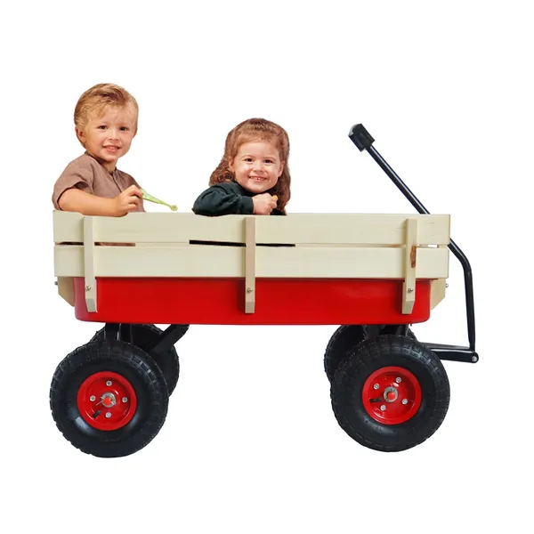 Outdoor Sport Wagon Tools Cart Wooden Side Panels Air Tires Wagon - Red