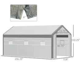Walk-in Greenhouse, 6 Roll-up Windows, 2 Zippered Doors, Weather Cover, White