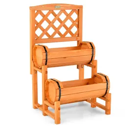 2-Tier Solid Fir Wood Raised Garden Bed With Trellis Cylindrical Planter Box For Climbing Plants