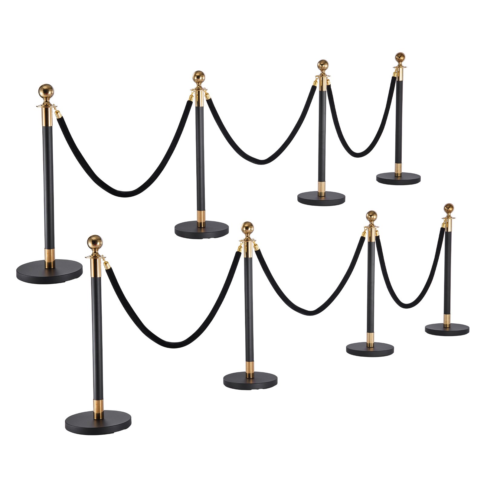 Stanchion Post, 8 Pcs Crowd Control Barrier Set With 6 Black Velvet Ropes, Heavy Duty Stainless Steel Stanchion Post Queue With Hollow Base For Theater, Party, Wedding, Exhibition, Event Black
