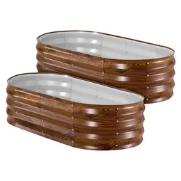2 Pack Galvanized Raised Garden Beds, 4 X 2 X 1 Ft, Oval Metal Planter Boxes Kit Outdoor, Bottomless Elevated Garden Box With Gloves, Alu-Zinc, For Planting Flowers Vegetables, Deep Wood Grain