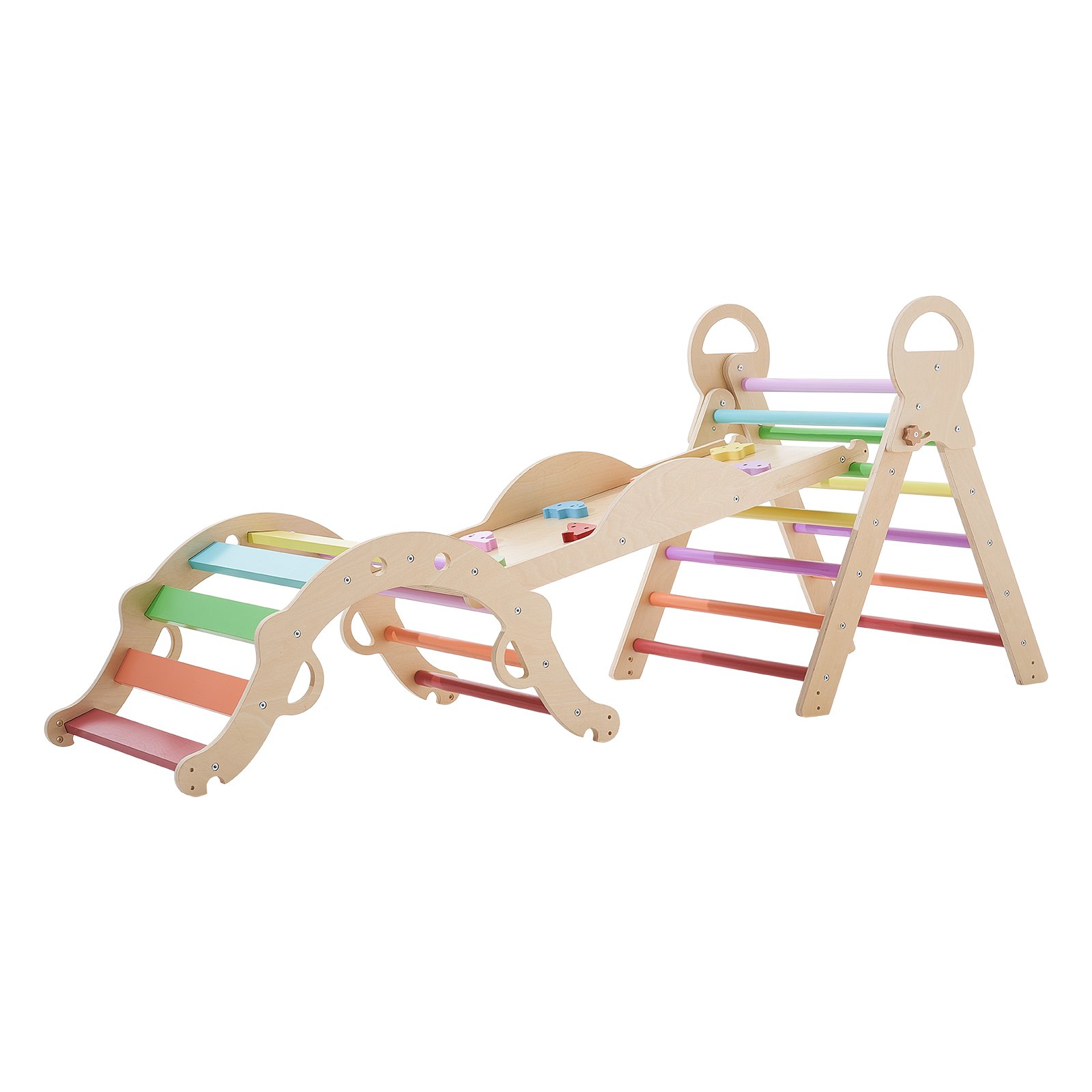 Pikler Triangle Set, 9-in-1 Toddler Climbing Toys Indoor, With 2 Wooden Cars, Cushion, Triangle, Arch, And Ramp, 150 Lbs Load, Foldable Montessori Climbing Set For Toddlers And Kids, Rainbow