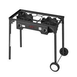 2 Burner Outdoor Propane Gas Stove, 150,000 BTU Propane LPG Gas Camping Stove, Heavy-duty Carbon Steel Outdoor Cooker, With 2 Wheels & 20 PSI Regulator & Hose, For BBQ Camp Home Patio B Ackyard