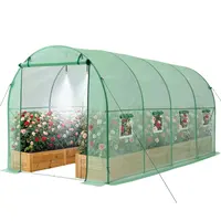 Walk-in Tunnel Greenhouse, 15 X 7 X 7 Ft Hoop House Greenhouse Tunnel With Watering System, Plant Hot House With Steel Frame, PE Cover, Roll-Up Zipper Door And 8 Windows For Outdoors, Green