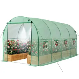 Walk-in Tunnel Greenhouse, 15 X 7 X 7 Ft Hoop House Greenhouse Tunnel With Watering System, Plant Hot House With Steel Frame, PE Cover, Roll-Up Zipper Door And 8 Windows For Outdoors, Green